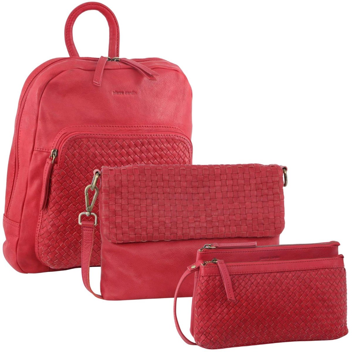Pierre Cardin 3Pc Set Womens Woven Leathercross Body Bags Backpack Red Women's Bags & Handbags