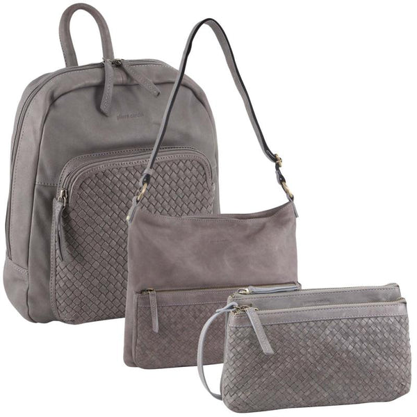 Pierre Cardin 3Pc Set Womens Woven Leather Backpack + Cross Body Bags Sky Blue Women Backpacks