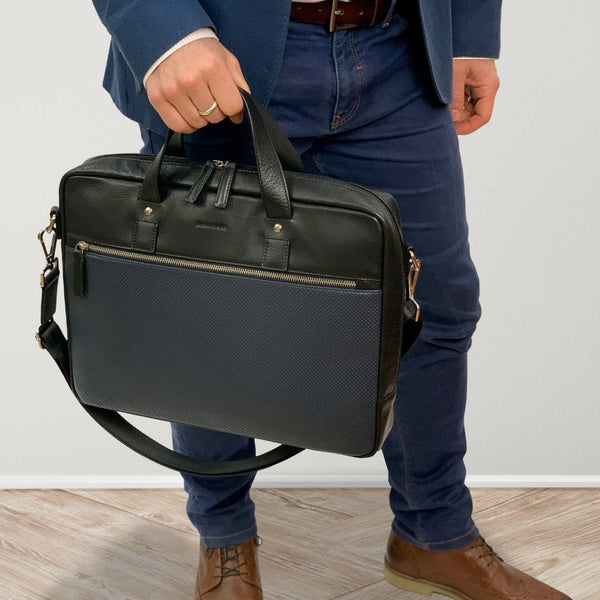 Pierre Cardin Mens Pebbled Leather Computer Laptop Bag Travel Overnight Black Laptop Cases & Bags