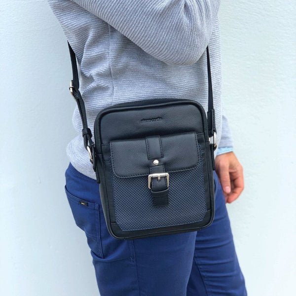 Pierre Cardin Pebbled Leather Organizer Bag Cross Body Black/Navy Bags