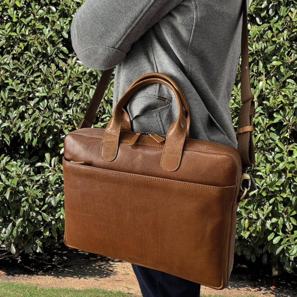 Pierre Cardin Mens Italian Leather Computer Laptop Bag Travel Tan Laptop Cases & Bags