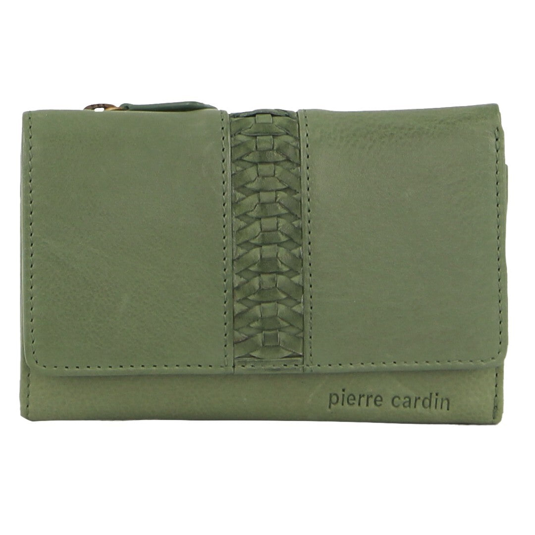 Pierre Cardin Leather Ladies Woven Design Tri Fold Wallet In Leaf Green Wallets