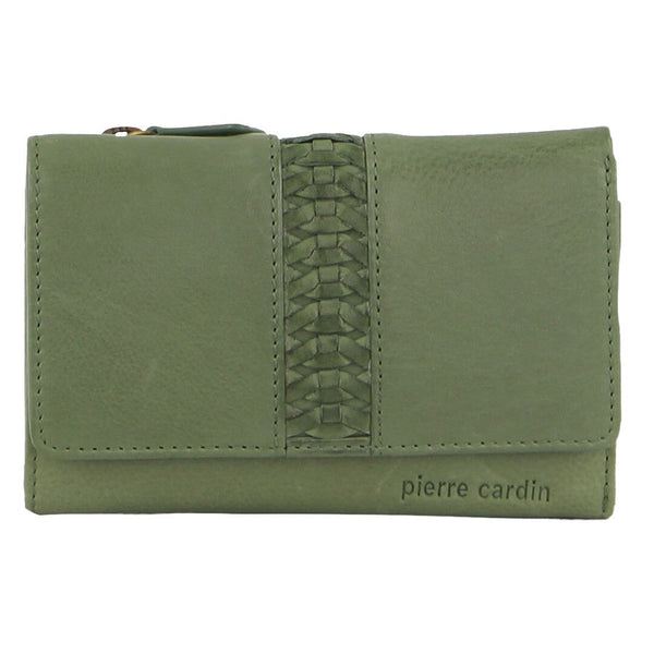 Pierre Cardin Leather Ladies Woven Design Tri Fold Wallet In Leaf Green Wallets