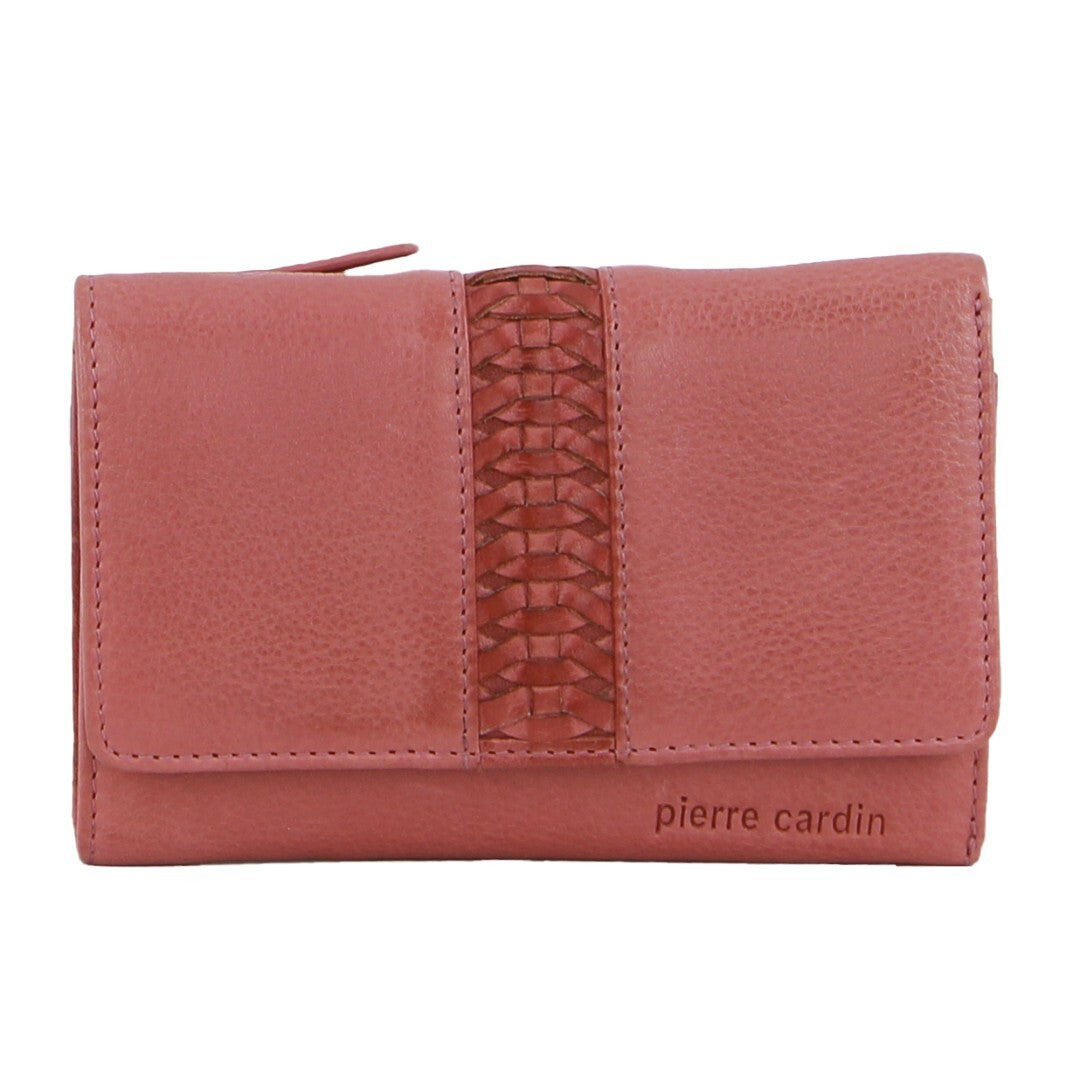 Pierre Cardin Leather Ladies Woven Design Tri Fold Wallet In Marsala Wallets