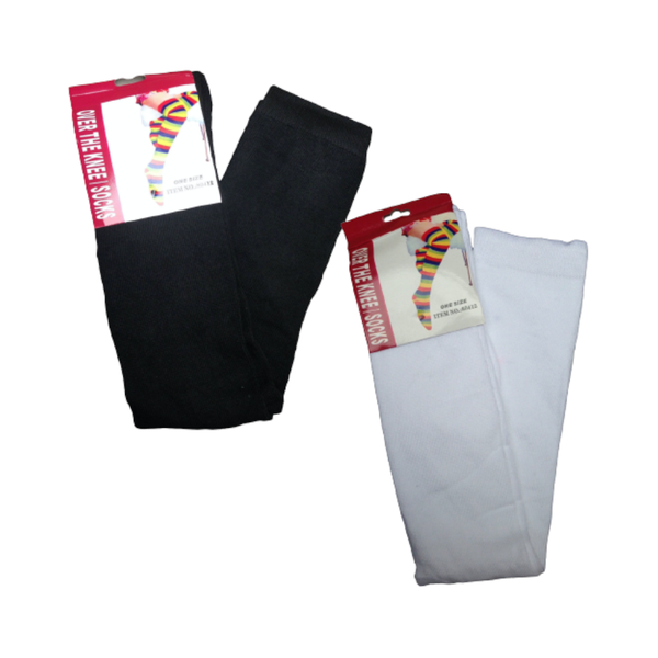 2 Pairs Ladies Over The Knee Plain Black White High Thigh Long Stockings Socks