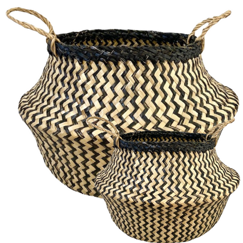 Br Home 2X Round Belly Seagrass Storage Basket Natural Straw Folding Chevron Black/Natural Baskets