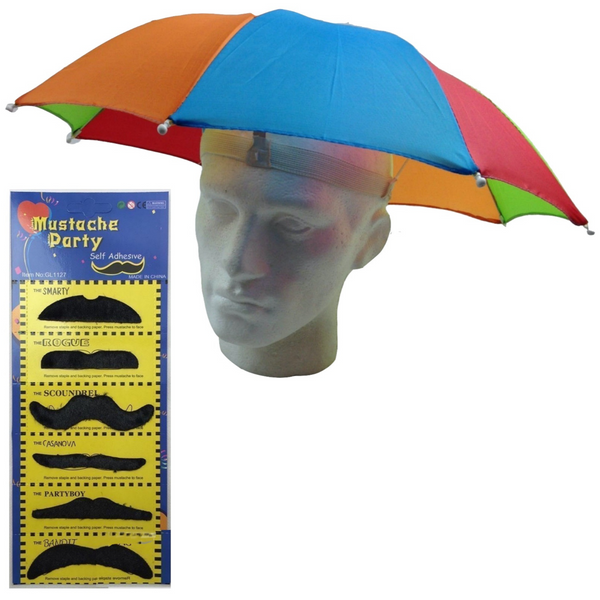 Br Costumes 2Pcs Set Rainbow Umbrella Hat + 70S Fake Moustache Props Novelty Fancy Hammers & Mallets