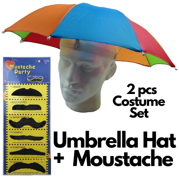 Br Costumes 2Pcs Set Rainbow Umbrella Hat + 70S Fake Moustache Props Novelty Fancy Hammers & Mallets