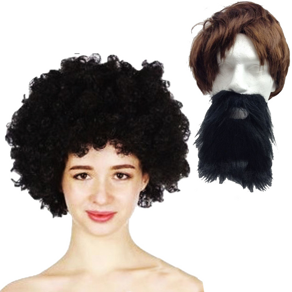 Br Costumes 2Pc Set Black Jumbo Afro Wig + Party Beard Moustache Fancy Dress Fake Hair Wigs Facial Hair
