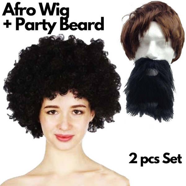 Br Costumes 2Pc Set Black Jumbo Afro Wig + Party Beard Moustache Fancy Dress Fake Hair Wigs Facial Hair