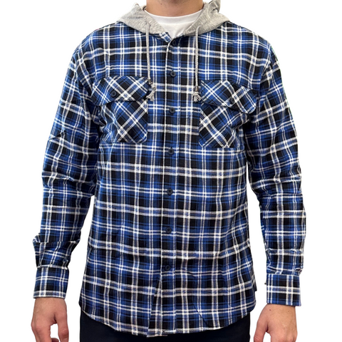 Mens Cotton Flannelette Shirt W Jersey Hood Long Sleeve Denim Casual Shirts