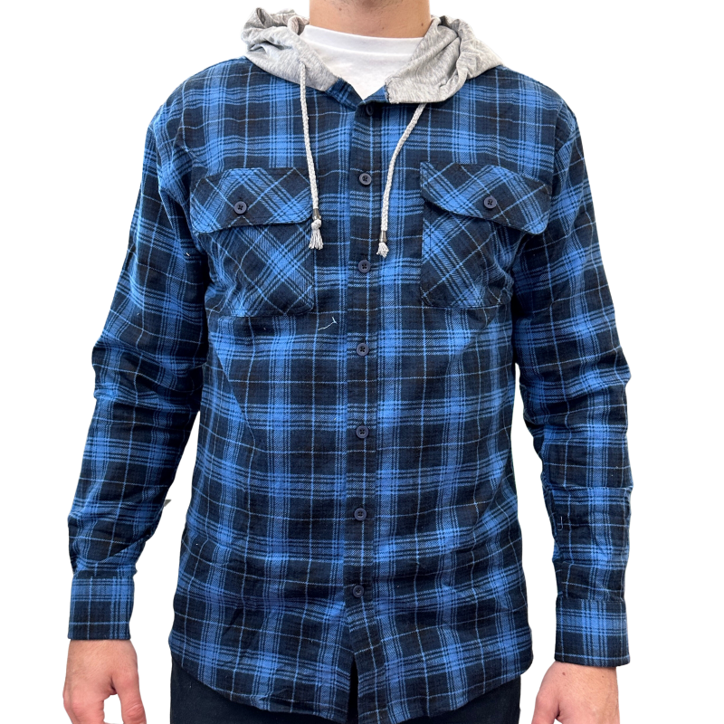 Jacksmith Mens Cotton Flannelette Shirt W Jersey Hood Long Sleeve Blue Casual Shirts