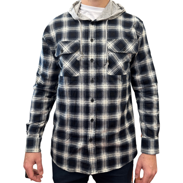 Jacksmith Mens Cotton Flannelette Shirt W Jersey Hood Long Sleeve Black Casual Shirts