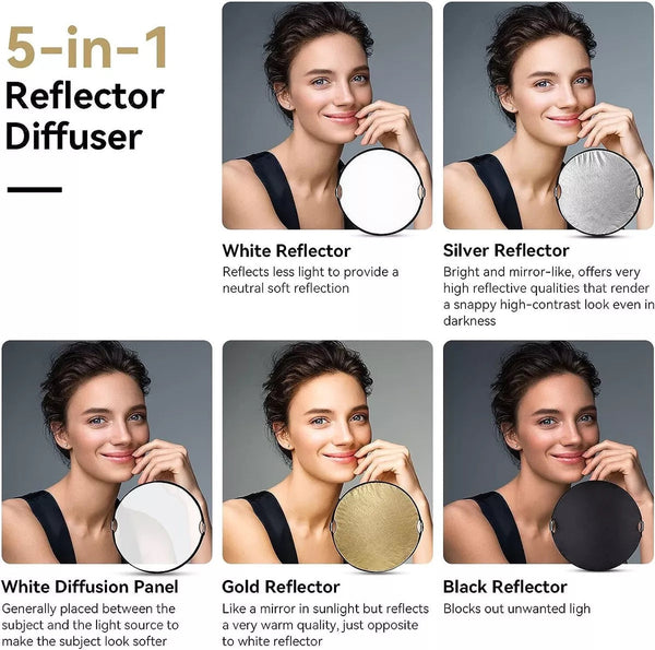 Hridz 110Cm 5In1 Portable Light Reflectors With Grip Translucent Silver Gold White And Black Studio Reflectors