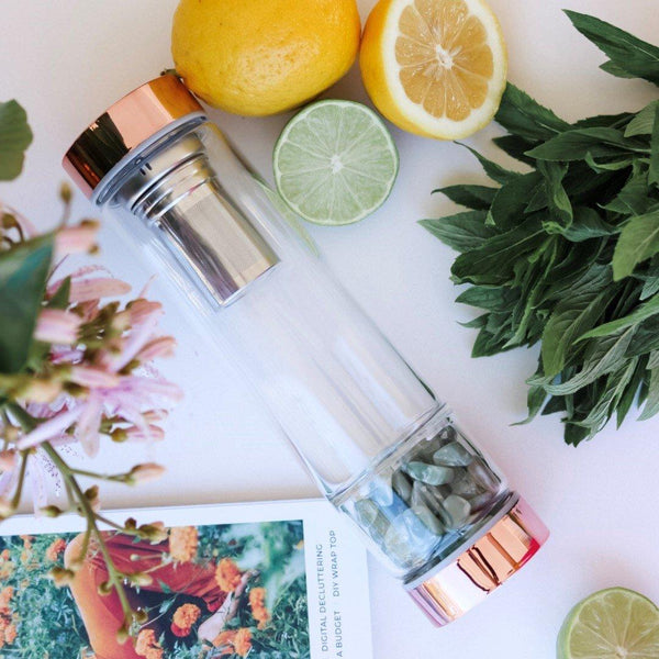 Rose Gold Crystal Bottle With Gemstone Base And Tea Infuser Tea Infusers