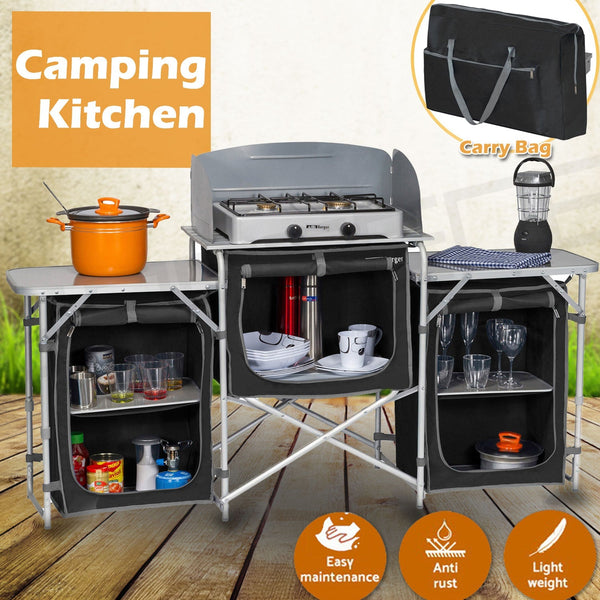 Deluxe Aluminium Foldable Camping Kitchen Picnic Cupboard Bench Table Windshield Camping Furniture