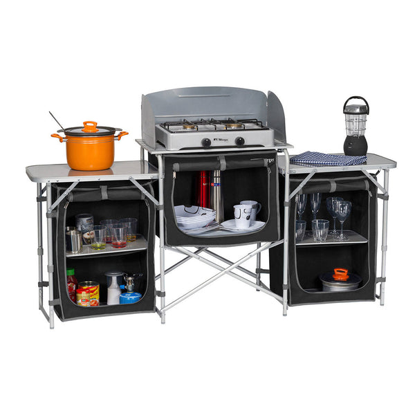 Deluxe Aluminium Foldable Camping Kitchen Picnic Cupboard Bench Table Windshield Camping Furniture