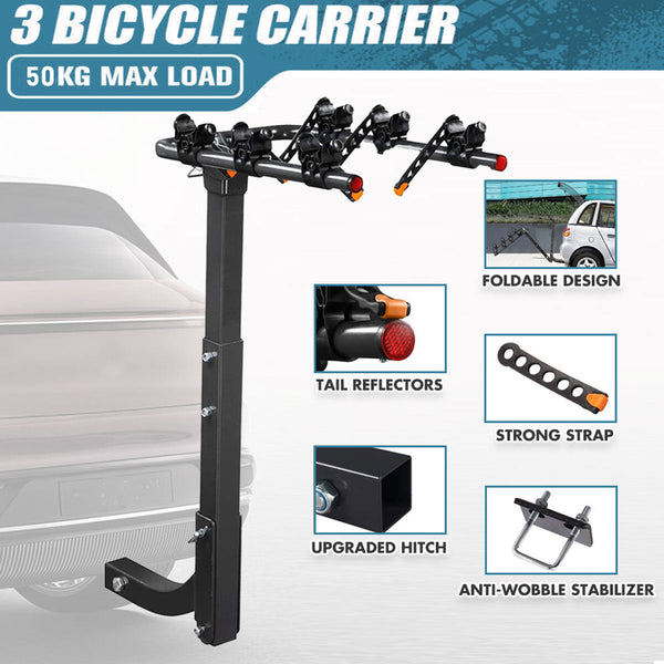 3 Bike Rack Bicycle Car Rear Carrier 2" Steel Foldable Hitch Mount Towbar Carrier & Pannier Racks