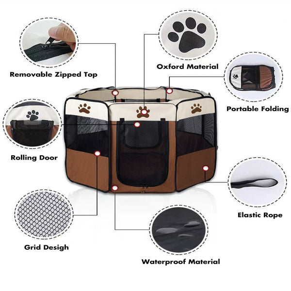 Bargene 8 Panel Pet Dog Cat Crate Play Pen Bags Kennel Portable Tent Playpen Puppy Cage Extra Large Brown Fences & Pens