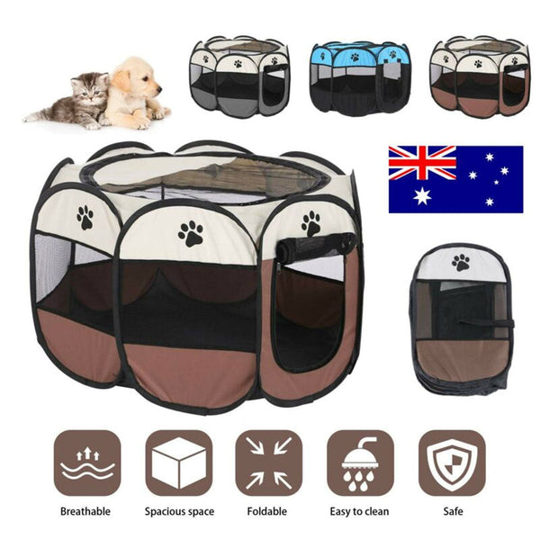 Bargene 8 Panel Pet Dog Cat Crate Play Pen Bags Kennel Portable Tent Playpen Puppy Cage Extra Large Brown Fences & Pens
