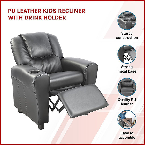 Palermo Pu Leather Kids Recliner With Drink Holder Kids Chairs