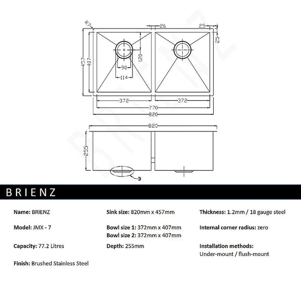 Brienz 820X457mm Handmade Stainless Steel Undermount / Topmount Kitchen Laundry Sink With Waste Kitchen Sinks