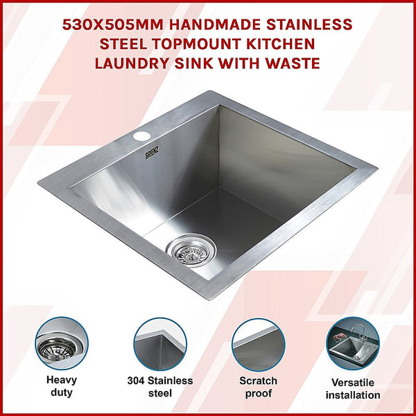 530X505mm Handmade Stainless Steel Topmount Kitchen Laundry Sink With Waste Kitchen Sinks