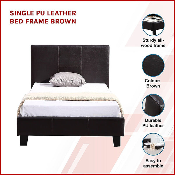 Palermo Single Pu Leather Bed Frame Brown Single Bed Frames