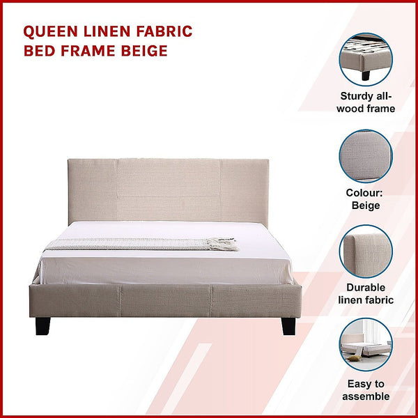 Palermo Queen Linen Fabric Bed Frame Beige Queen Bed Frames
