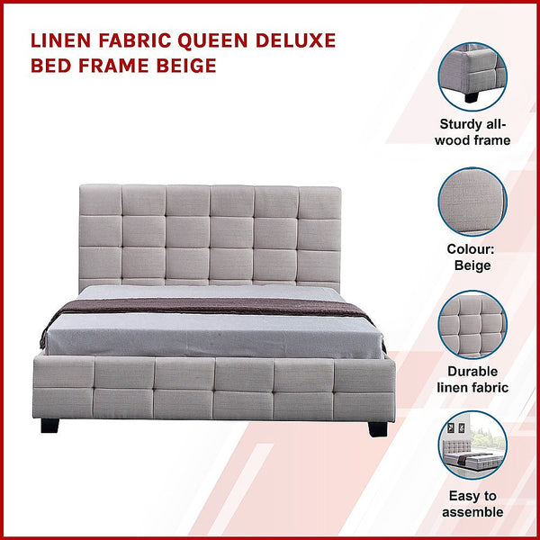 Palermo Linen Fabric Queen Deluxe Bed Frame Beige Queen Bed Frames