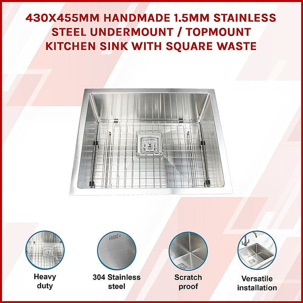 Brienz 430X455mm Handmade 1.5Mm Stainless Steel Undermount / Topmount Kitchen Sink With Square Waste Kitchen Sinks