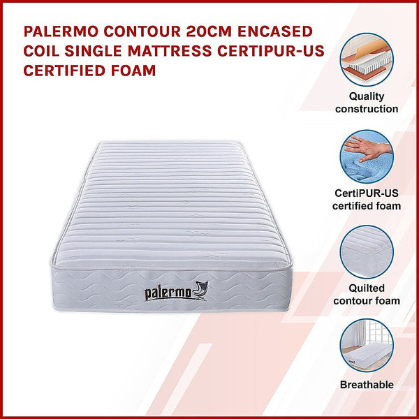 Palermo Contour 20Cm Encased Coil Single Mattress Certipur Us Foam Mattresses