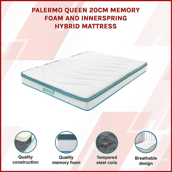 Palermo Queen 20Cm Memory Foam And Innerspring Hybrid Mattress Mattresses