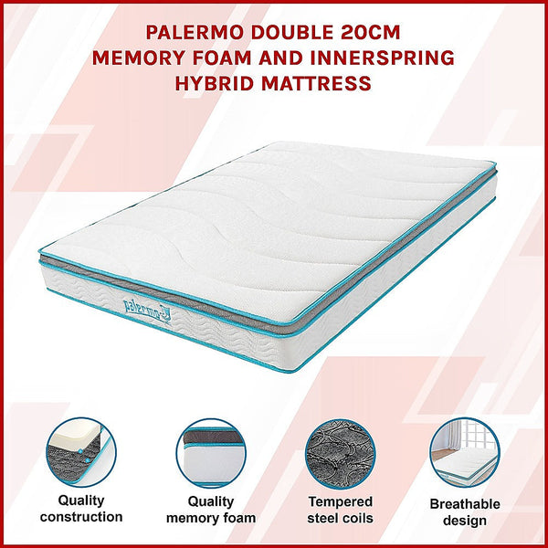 Palermo Double 20Cm Memory Foam And Innerspring Hybrid Mattress Mattresses