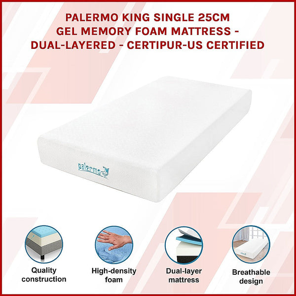 Palermo King Single 25Cm Gel Memory Foam Mattress Dual Layered Certipur Us Mattresses