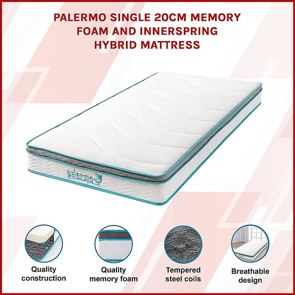 Palermo Single 20Cm Memory Foam And Innerspring Hybrid Mattress Mattresses