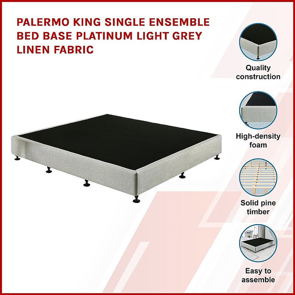 Palermo King Single Ensemble Bed Base Platinum Light Grey Linen Fabric King Single Bed Frames