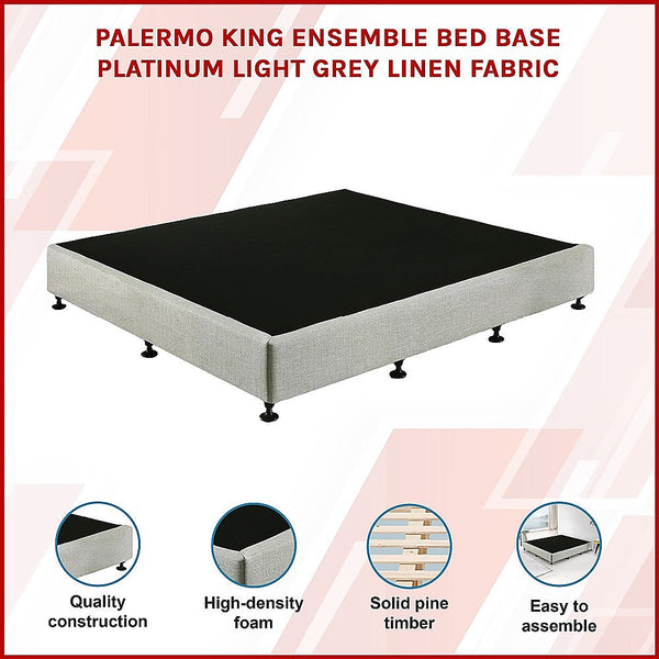 Palermo King Ensemble Bed Base Platinum Light Grey Linen Fabric King Bed Frames