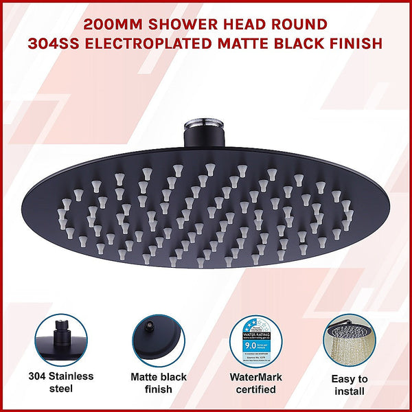 200Mm Shower Head Round 304Ss Electroplated Matte Black Finish Shower Heads & Combos