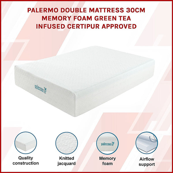 Palermo Double Mattress 30Cm Memory Foam Green Tea Infused Certipur Mattresses