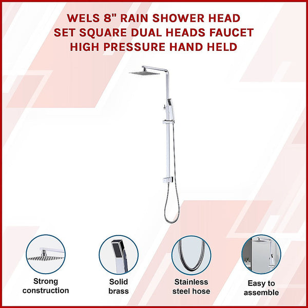 Wels 8" Rain Shower Head Set Square Dual Heads Faucet High Pressure Hand Held Shower Heads & Combos