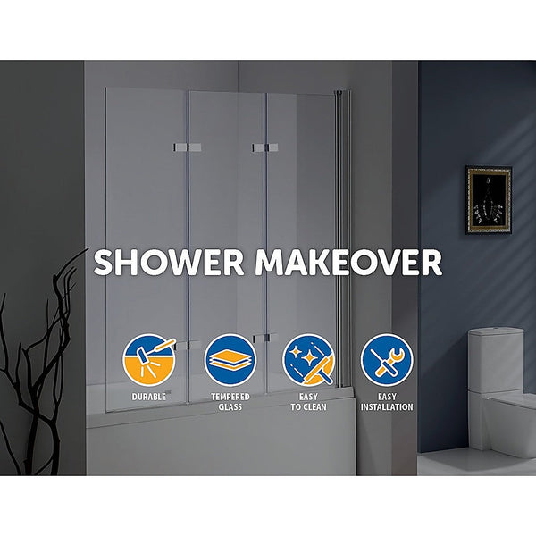 3 Fold Chrome Folding Bath Shower Screen Door Panel 1300Mm X 1400Mm Shower Doors