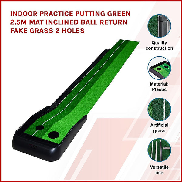Indoor Practice Putting Green 2.5M Mat Inclined Ball Return Fake Grass Holes Putting Greens & Aids