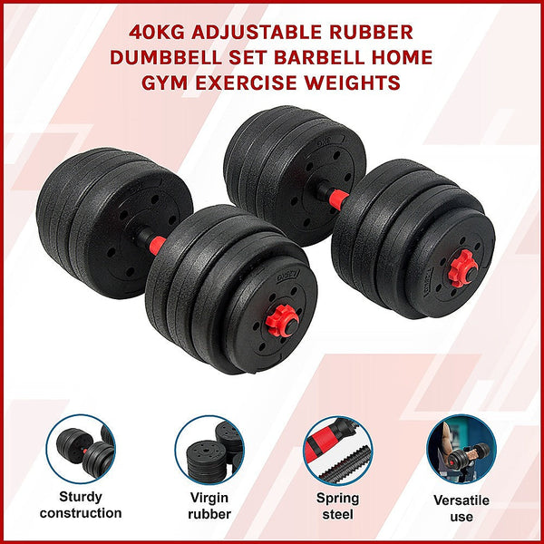 40Kg Rubber Dumbbell Set Barbell Home Gym Exercise Weights Dumbbells