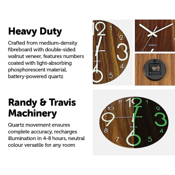 Glow In Dark Wall Clock Luminous Quartz Quiet Wooden Home Decor 30Cm Wall Clocks
