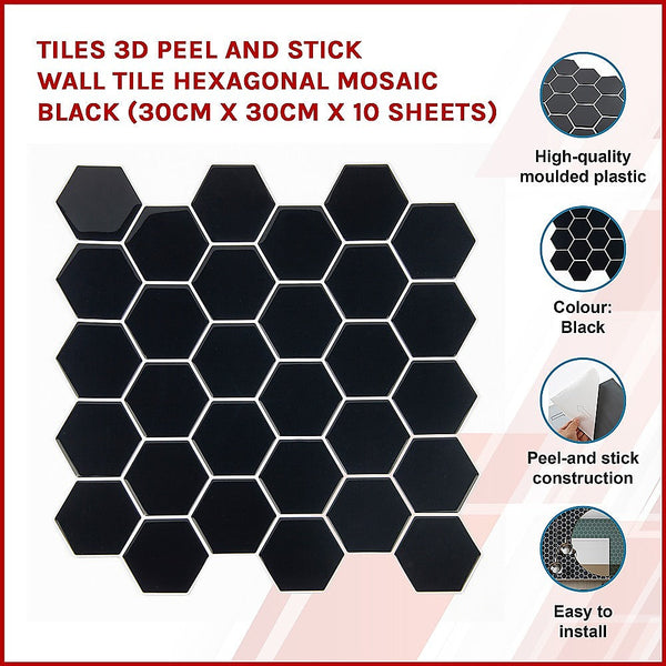 Randy & Travis Machinery Tiles 3D Peel And Stick Wall Hexagonal Mosaic Black 10 Sheets Wall Stickers