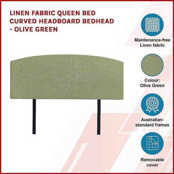 Palermo Linen Fabric Queen Bed Curved Headboard Bedhead Olive Green Headboards & Footboards