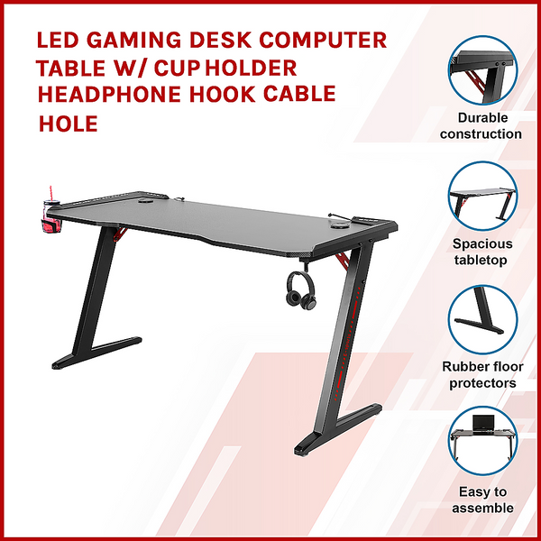 Randy & Travis Machinery Led Gaming Desk Computer Table With Cup Holder Headphone Hook Cable Hole Home Office Desks