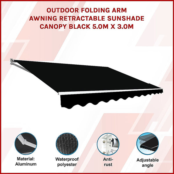 Bariloche Outdoor Folding Arm Awning Retractable Sunshade Canopy Black 5.0M X 3.0M Awning & Canopy Parts