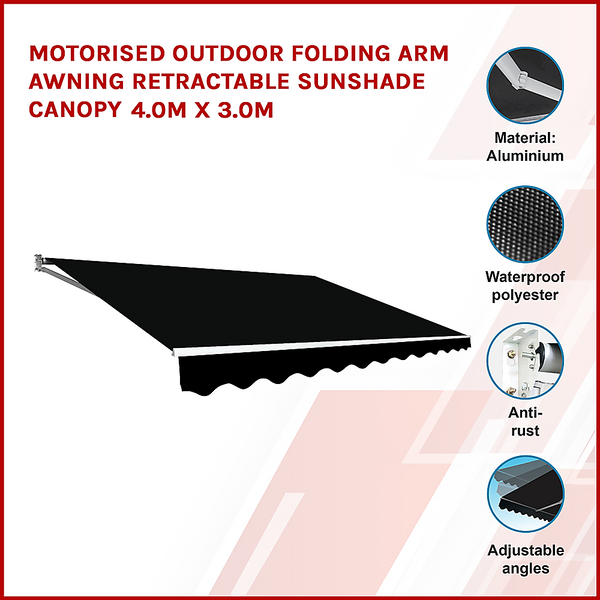 Bariloche Motorised Outdoor Folding Arm Awning Retractable Sunshade Canopy Black 4.0M X 3.0M Awning & Canopy Parts